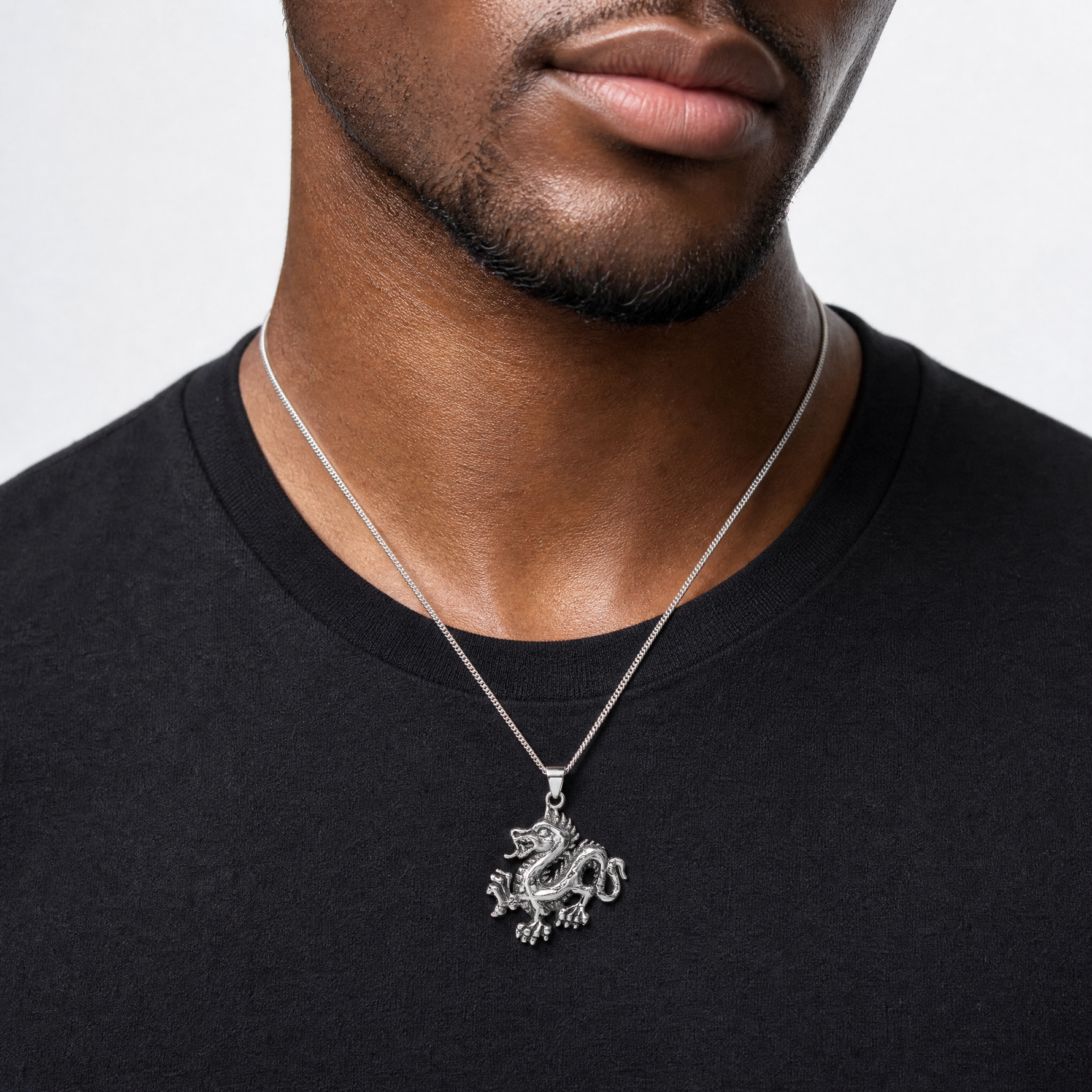 Sterling Silver Antiqued & Textured Chinese Dragon Pendant - Model Shot