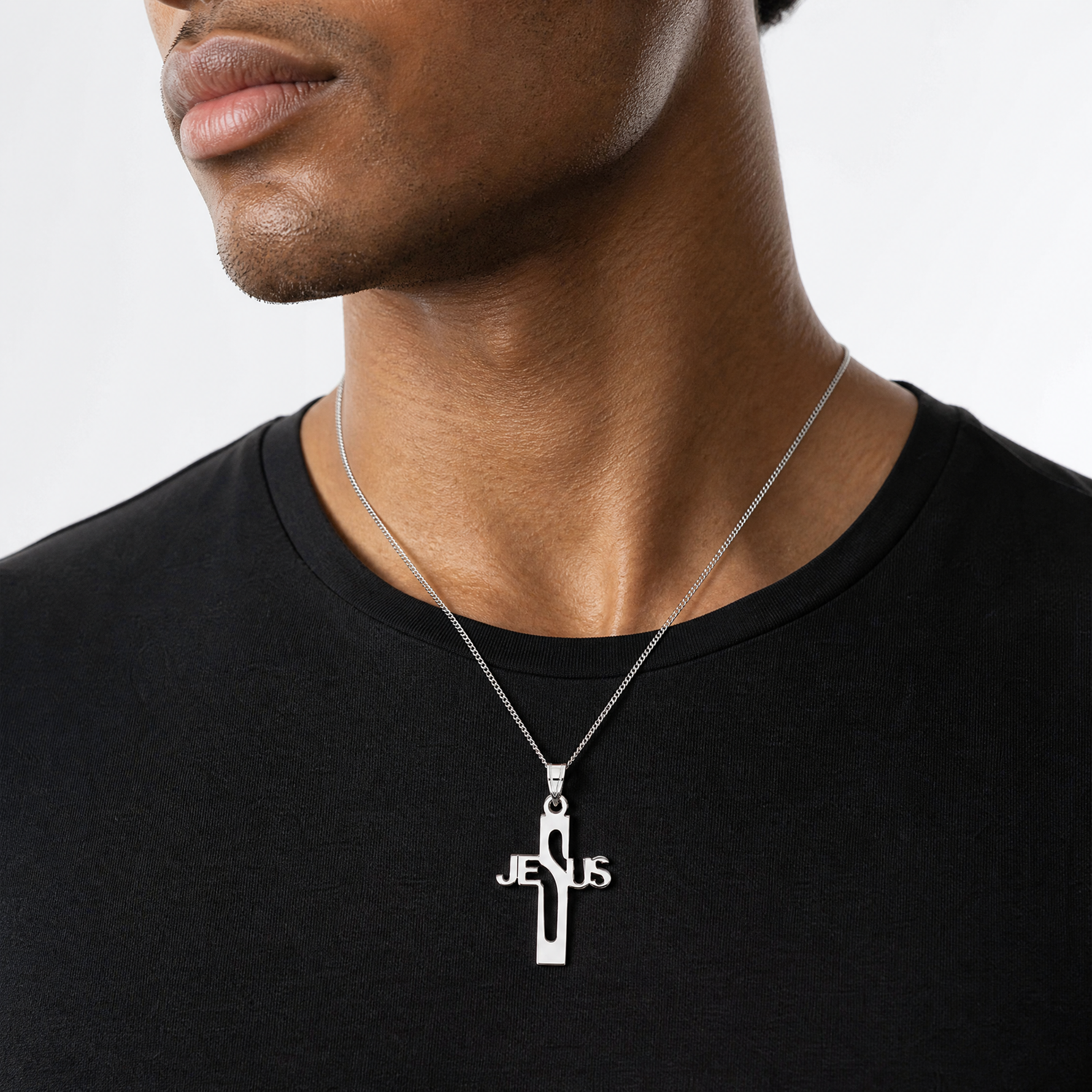Sterling Silver Rhodium-plated Jesus Cross Medium Pendant - Model Shot