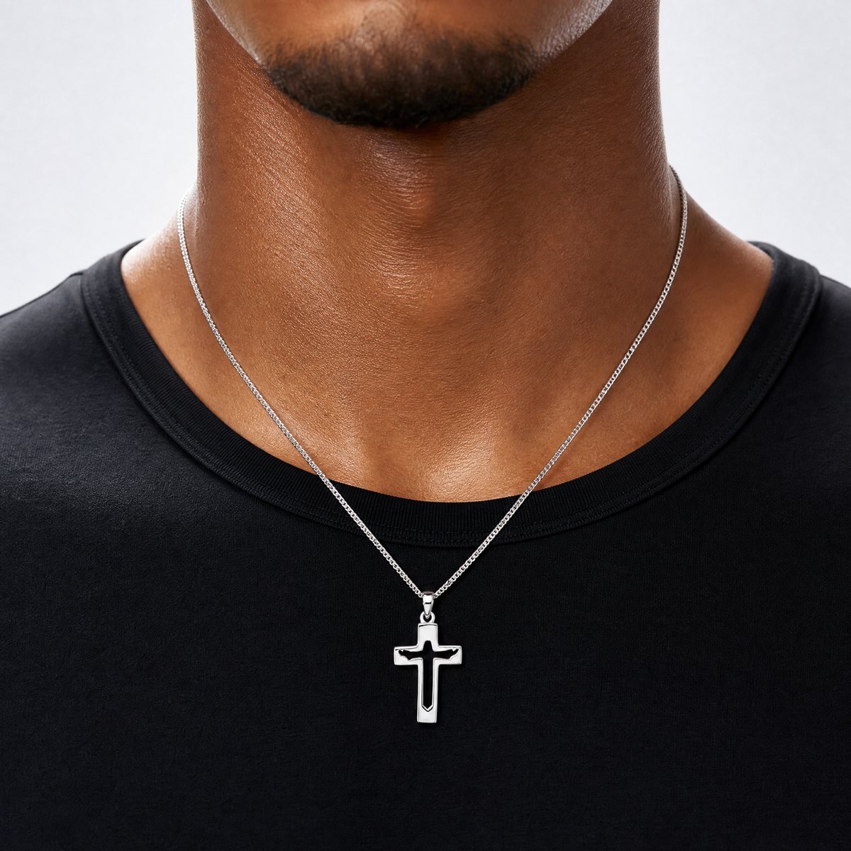 Sterling Silver Rhodium-plated Jesus Cut-out Cross Pendant - Model Shot