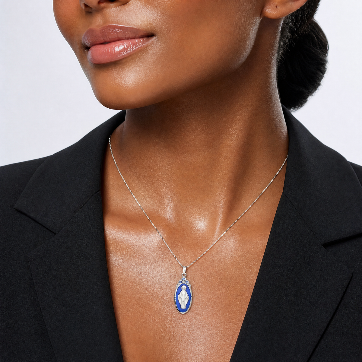 Sterling Silver Satin & D/C Epoxy & Crystal Miraculous Medal Pendant - Model Shot