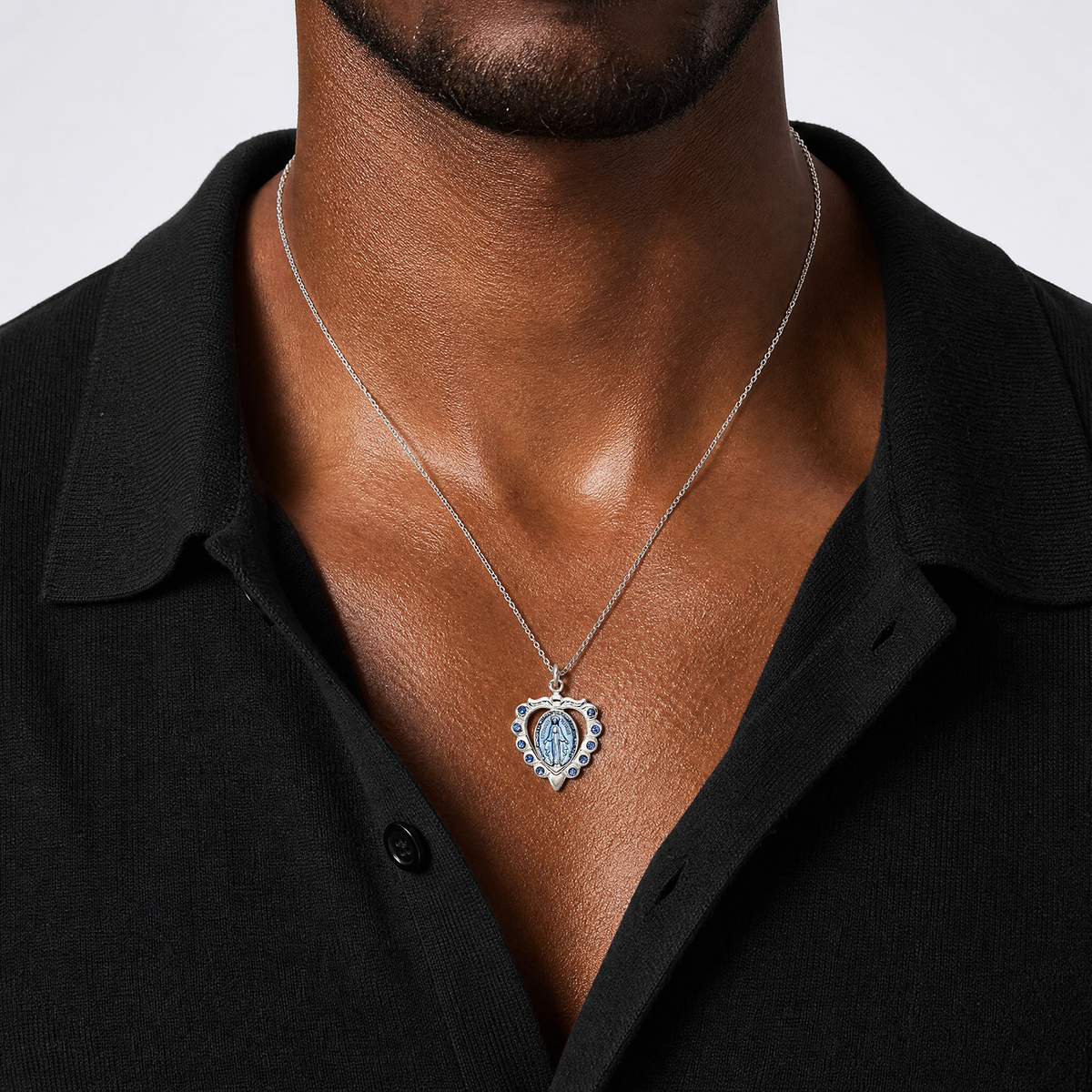 Sterling Silver Epoxy & Crystal Miraculous Medal Heart Pendant - Model Shot