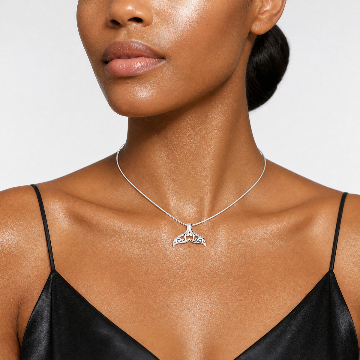 Sterling Silver Polished Filigree Whale Tail Chain Slide - Model Shot