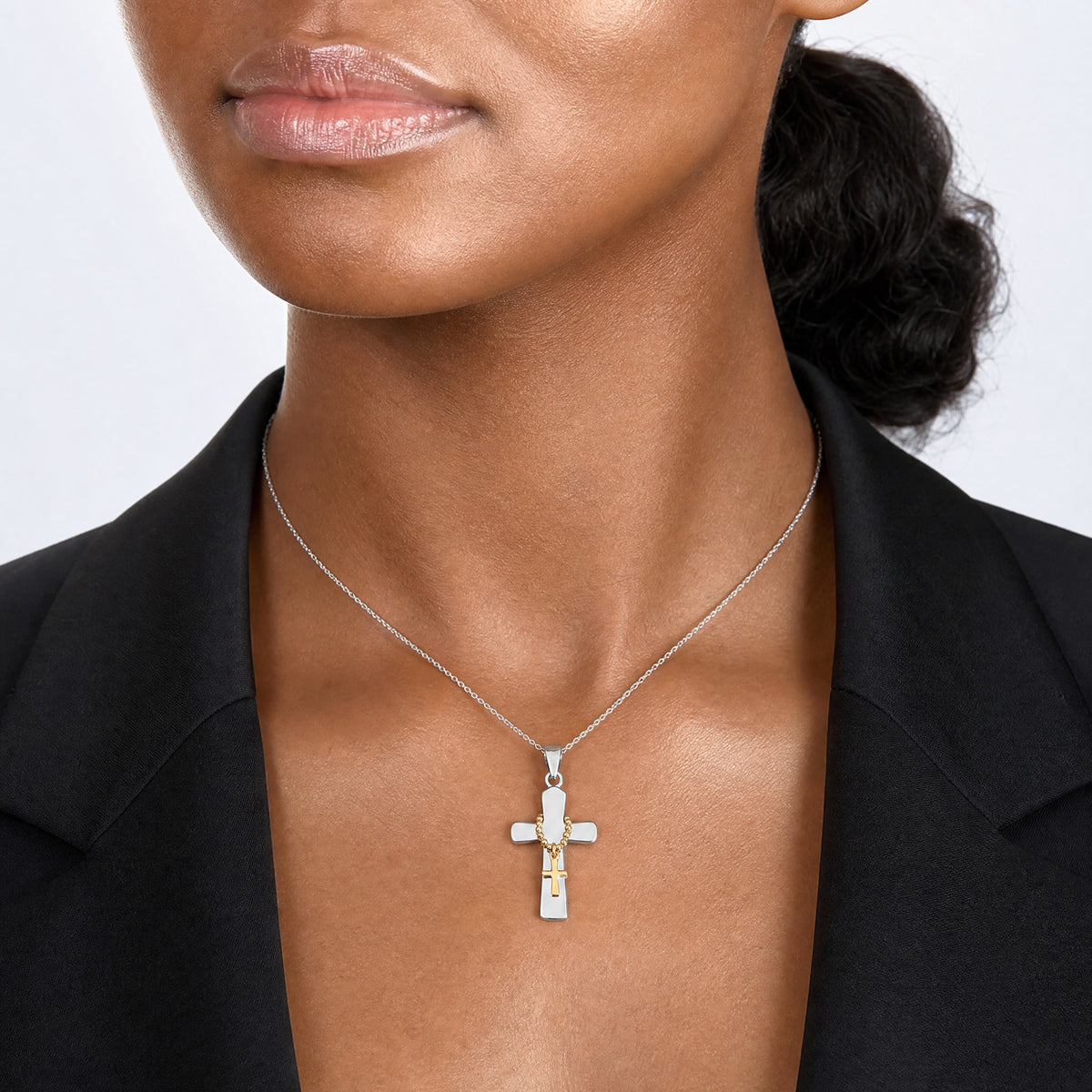 Sterling Silver Rhodium-plated Polished Gold-tone Double Cross Pendant - Model Shot