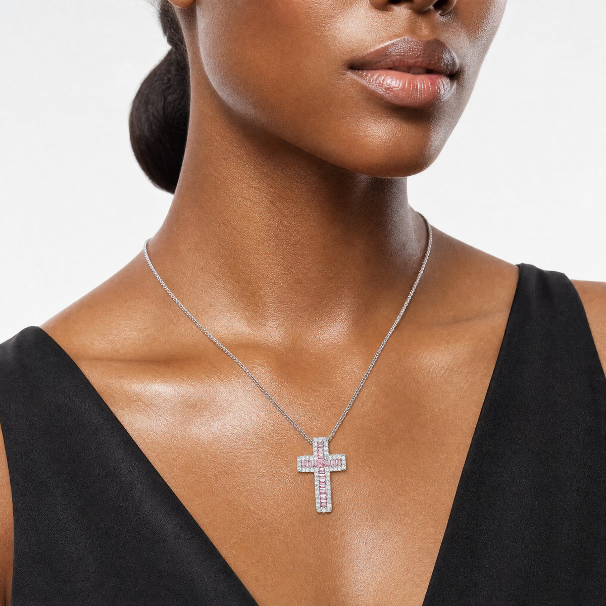 Sterling Silver Rhodium-plated Pink & White CZ Cross Chain Slide - Model Shot