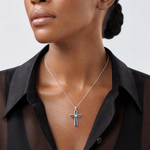 Sterling Silver Rhodium-plated CZ & Lab Cr. Blue Spinel Cross Pendant - Model Shot