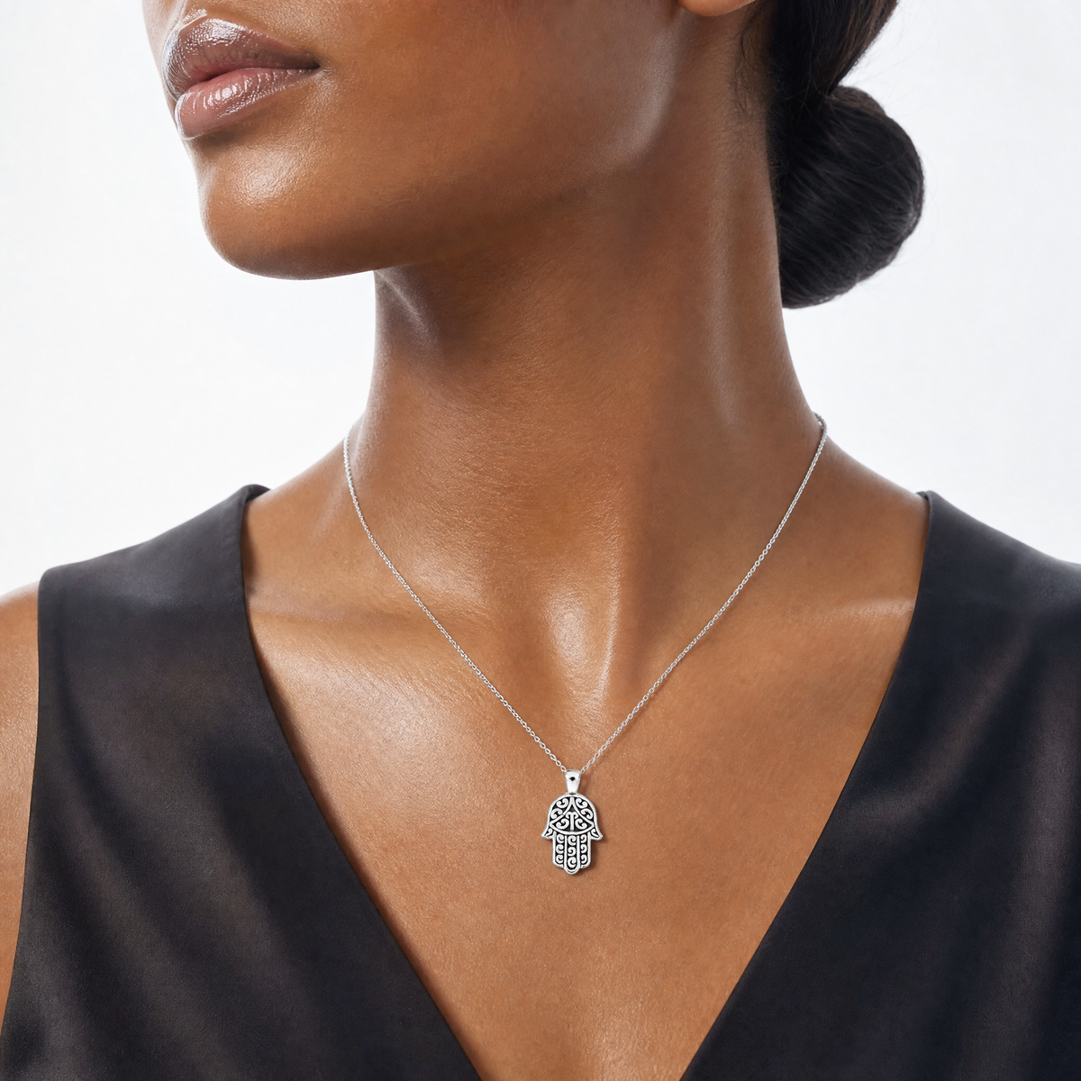 Sterling Silver Antiqued Hamsa Pendant - Model Shot