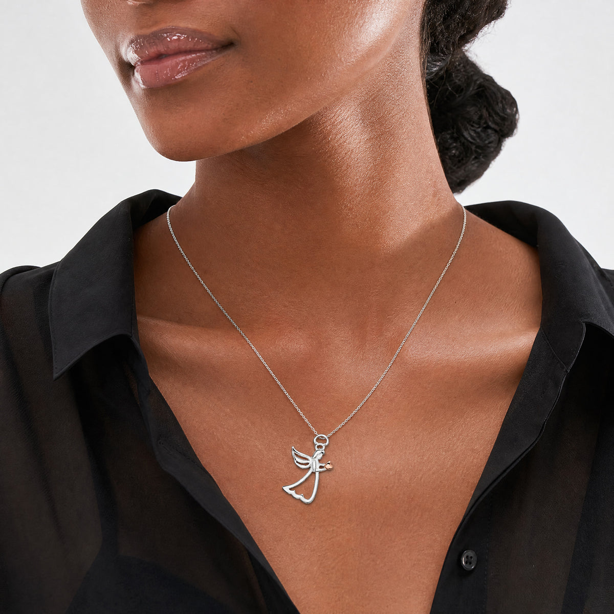 Sterling Silver & Rose-tone Polished Angel Pendant - Model Shot