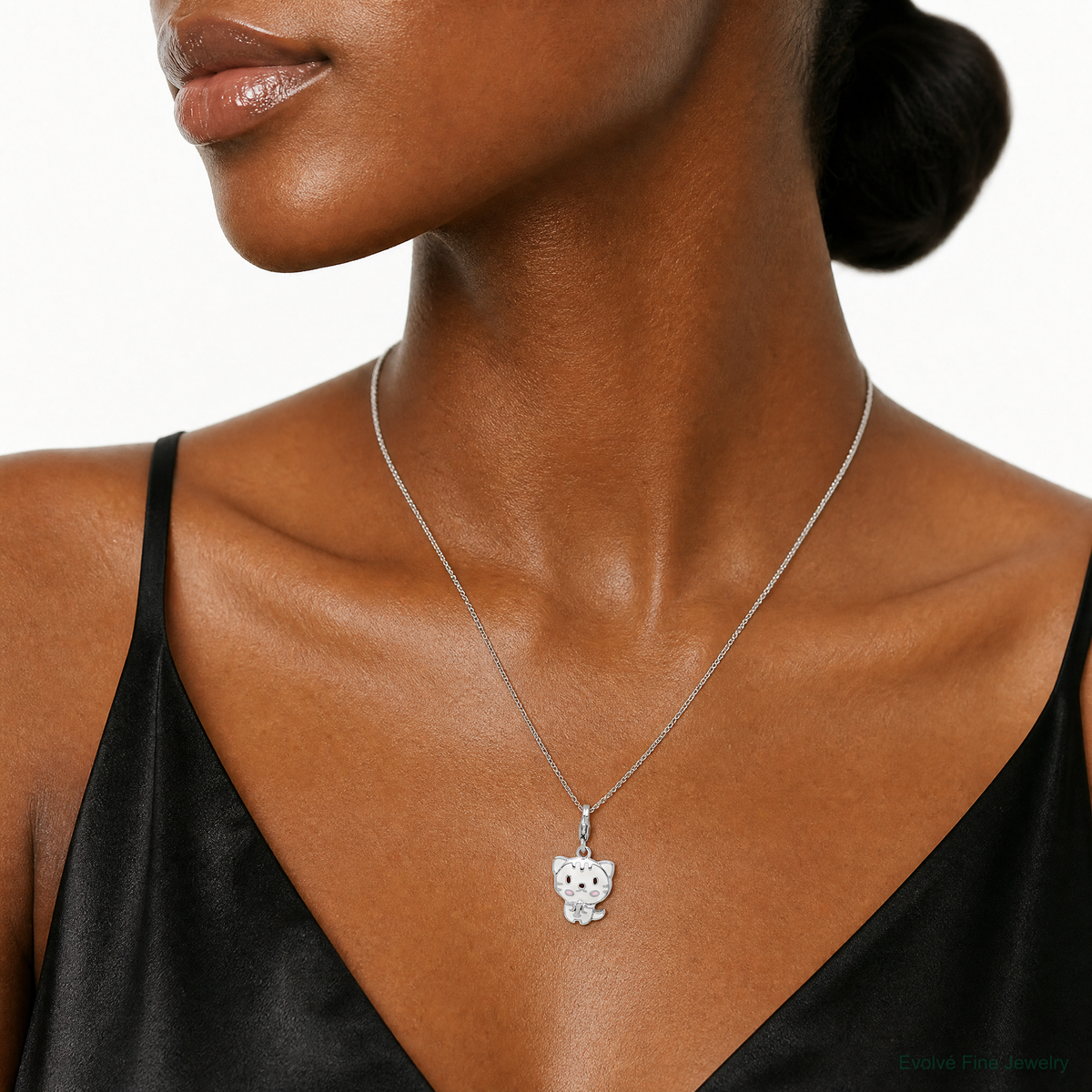 Sterling Silver Rhodium-plated Enameled Kitten w/Lobster Clasp Charm - Model Shot