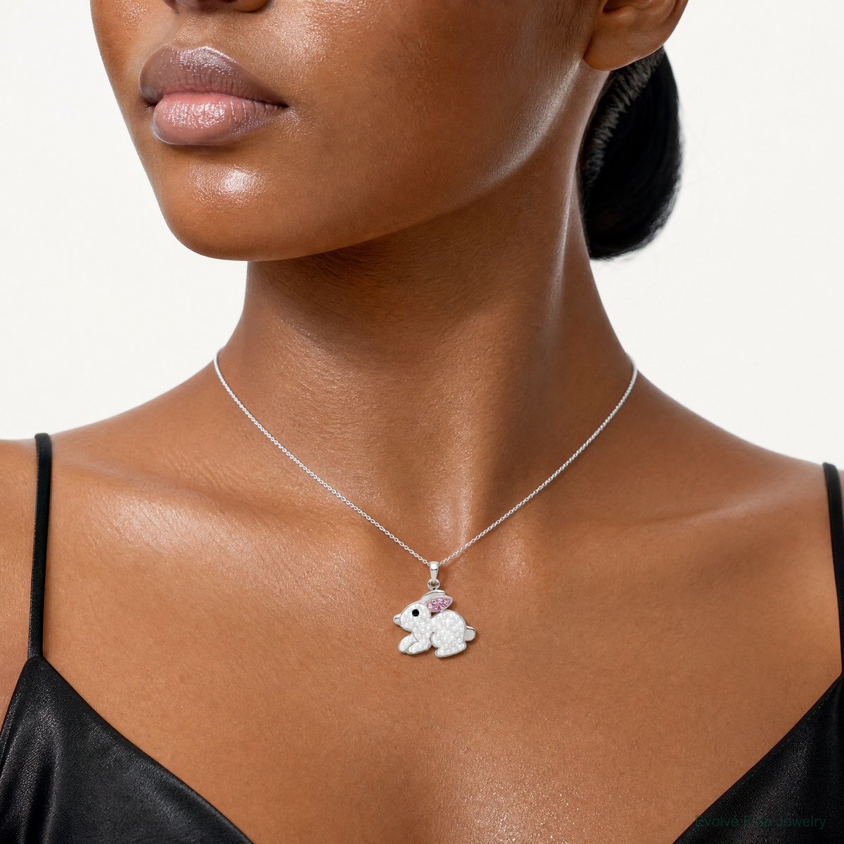 Sterling Silver Rhod-pltd Imitation Pearl/Preciosa Crystal Rabbit Pendant - Model Shot