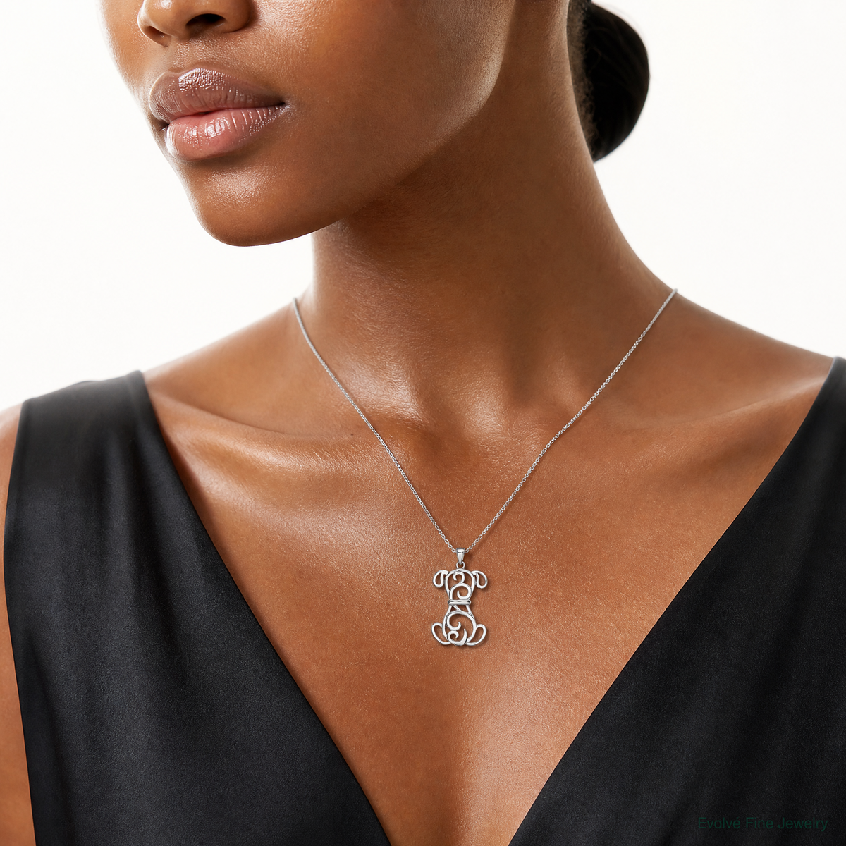 Sterling Silver Rhodium Plated Dog Pendant - Model Shot