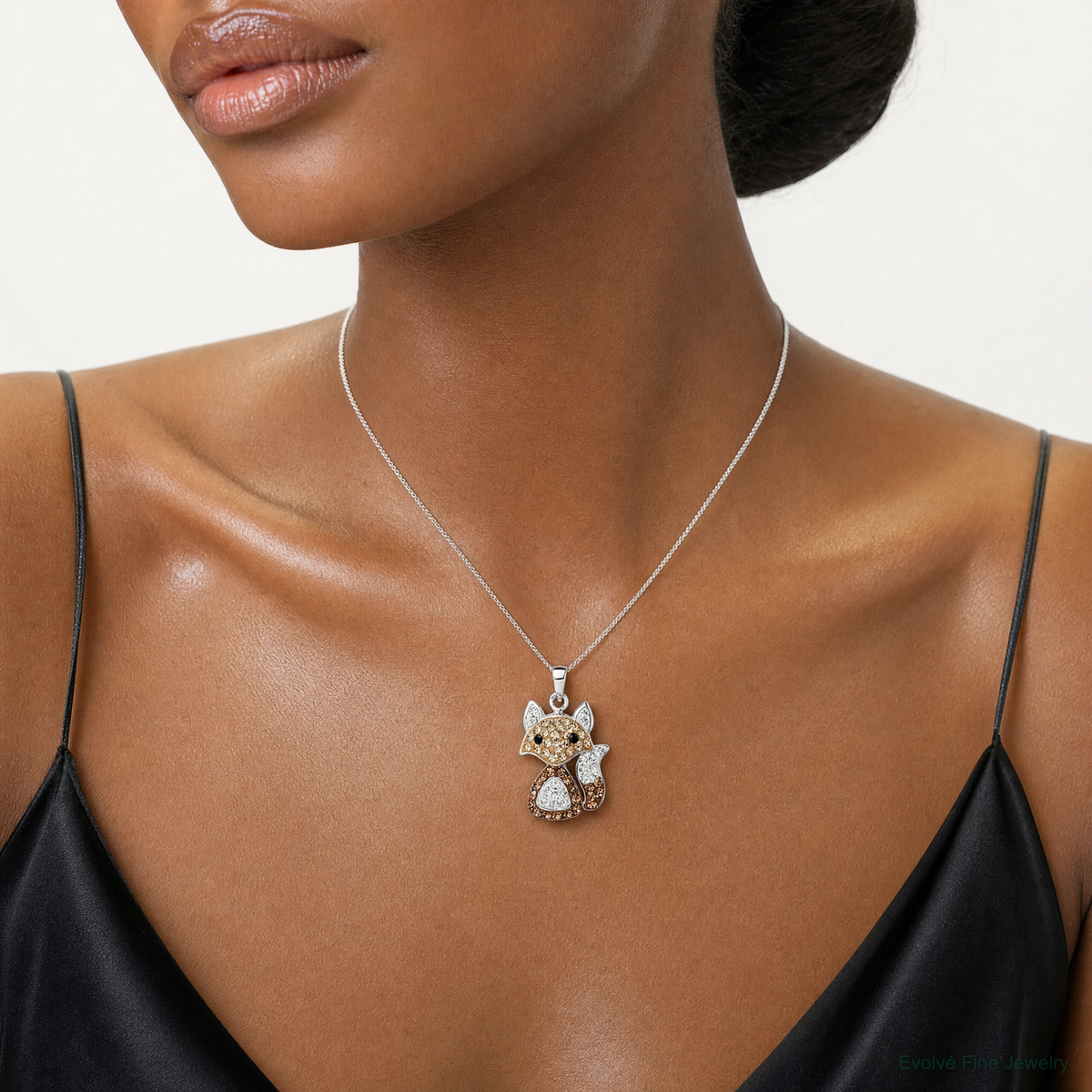 Sterling Silver Rhodium-plated Tan Preciosa Crystal Fox Pendant - Model Shot