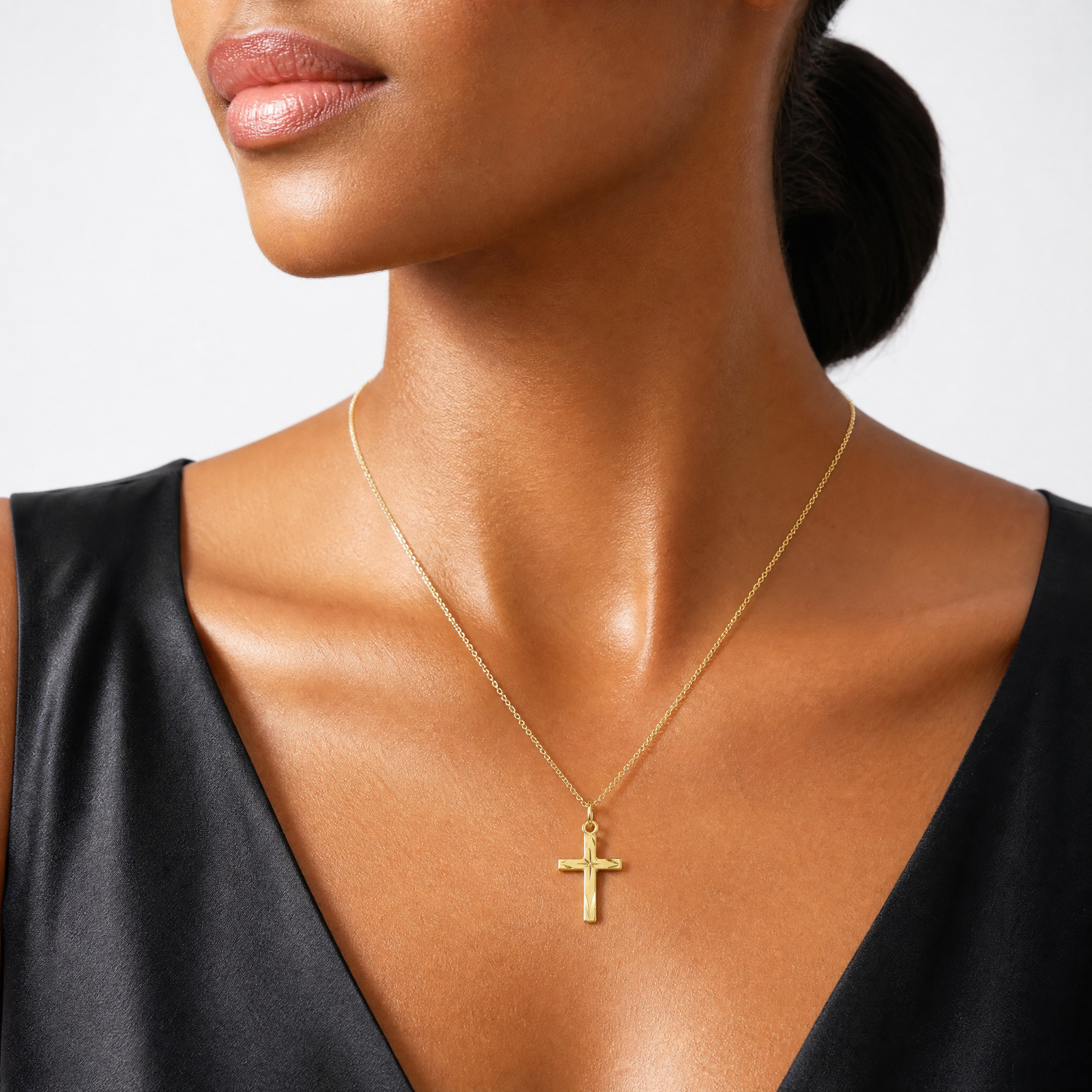 Sterling Silver Gold-tone Diamond-Cut Cross Pendant - Model Shot