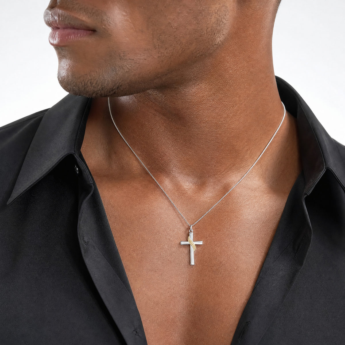 Sterling Silver Platinum-plated & Gold-tone Cross Pendant - Model Shot