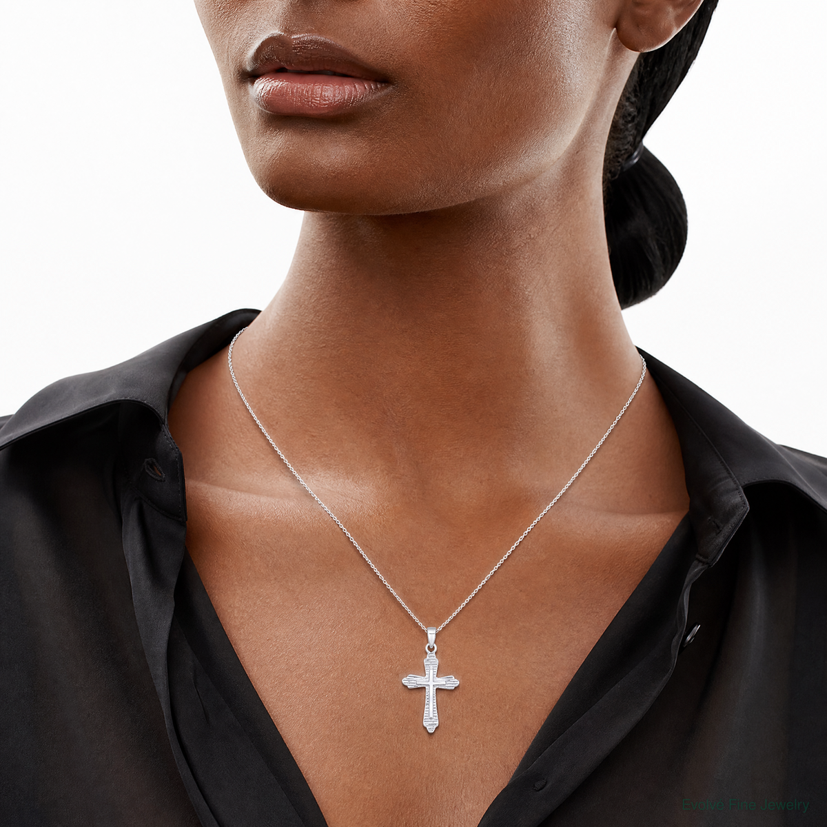Sterling Silver Rhodium-plated Striped Texture Cross Pendant - Model Shot