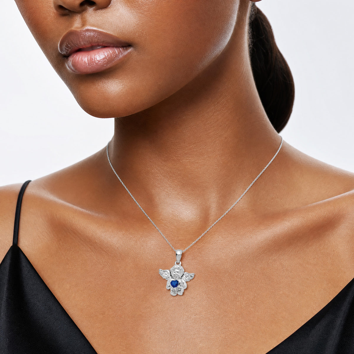 Sterling Silver RH-pltd CZ Sept Birthstone Angel Ash Holder 18in Necklace - Model Shot