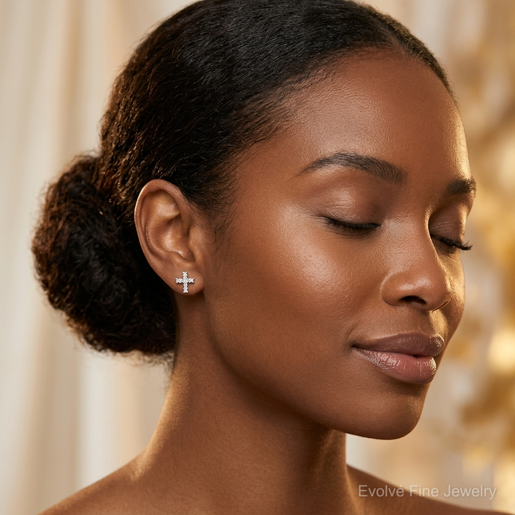 Sterling Silver Rhodium Diamond Cross Post Earrings - Model Shot