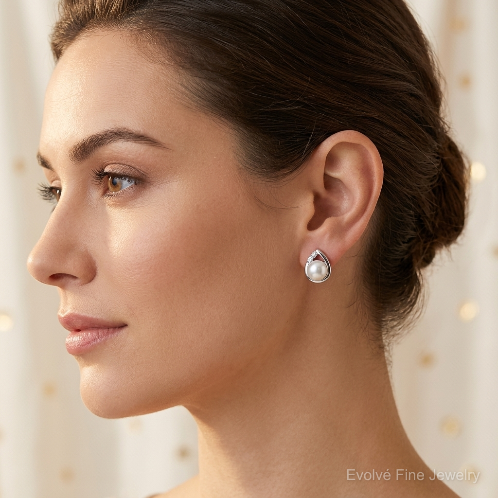 Sterling Silver Rhodium-plated 5mm FW Cultured Pearl & Diamond Post Ear - Model Shot