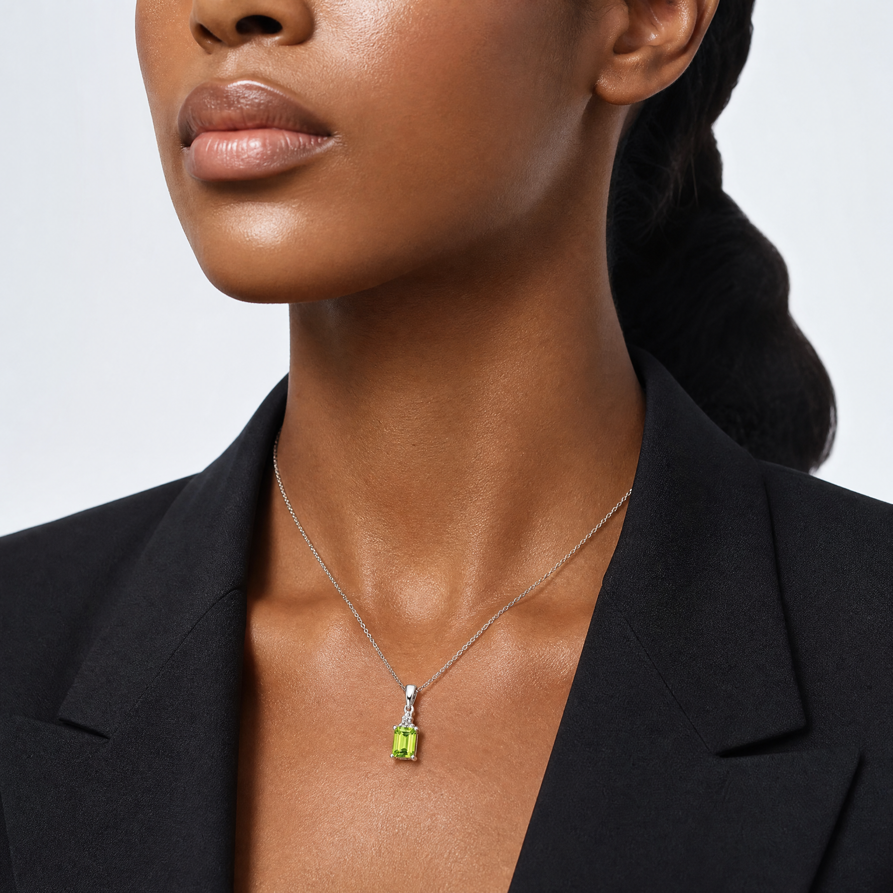 Sterling Silver Rhodium Plated Peridot and Diamond Pendant - Model Shot