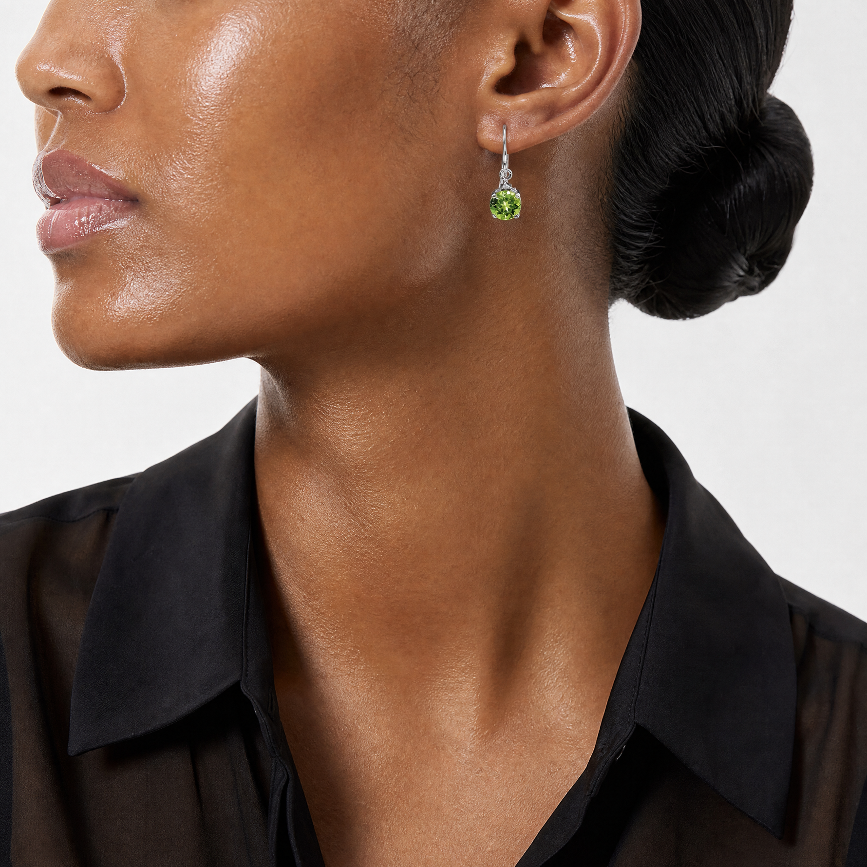 Sterling Silver Rhodium Plated Round Peridot and Diamond Wire Earrings - Model Shot