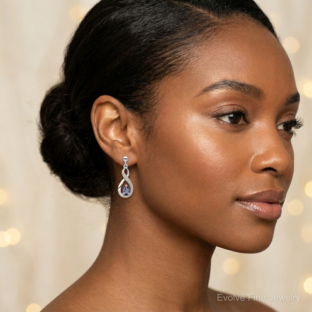 Sterling Silver Rhodium-plated Tanzanite & Diamond Earrings - Model Shot