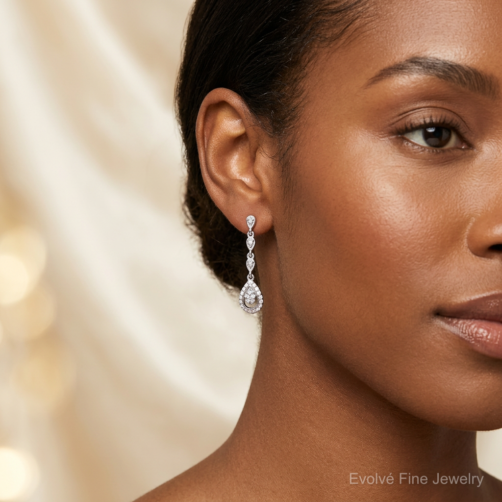 Sterling Silver Rhodium & Diam. Teardrop Post Dangle Earrings - Model Shot
