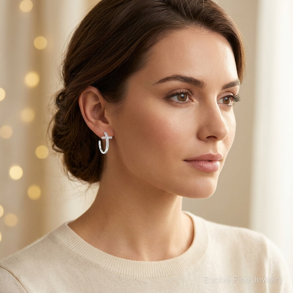 Sterling Silver Rhodium-plated CZ Cross Hoop Earrings - Model Shot