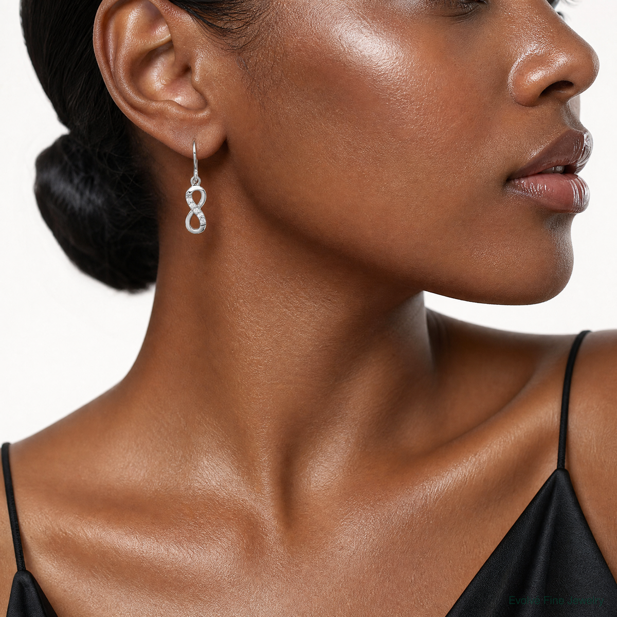 Sterling Silver Rhodium-plated with CZ Infinity Shepherd Hook Earrings - Model Shot