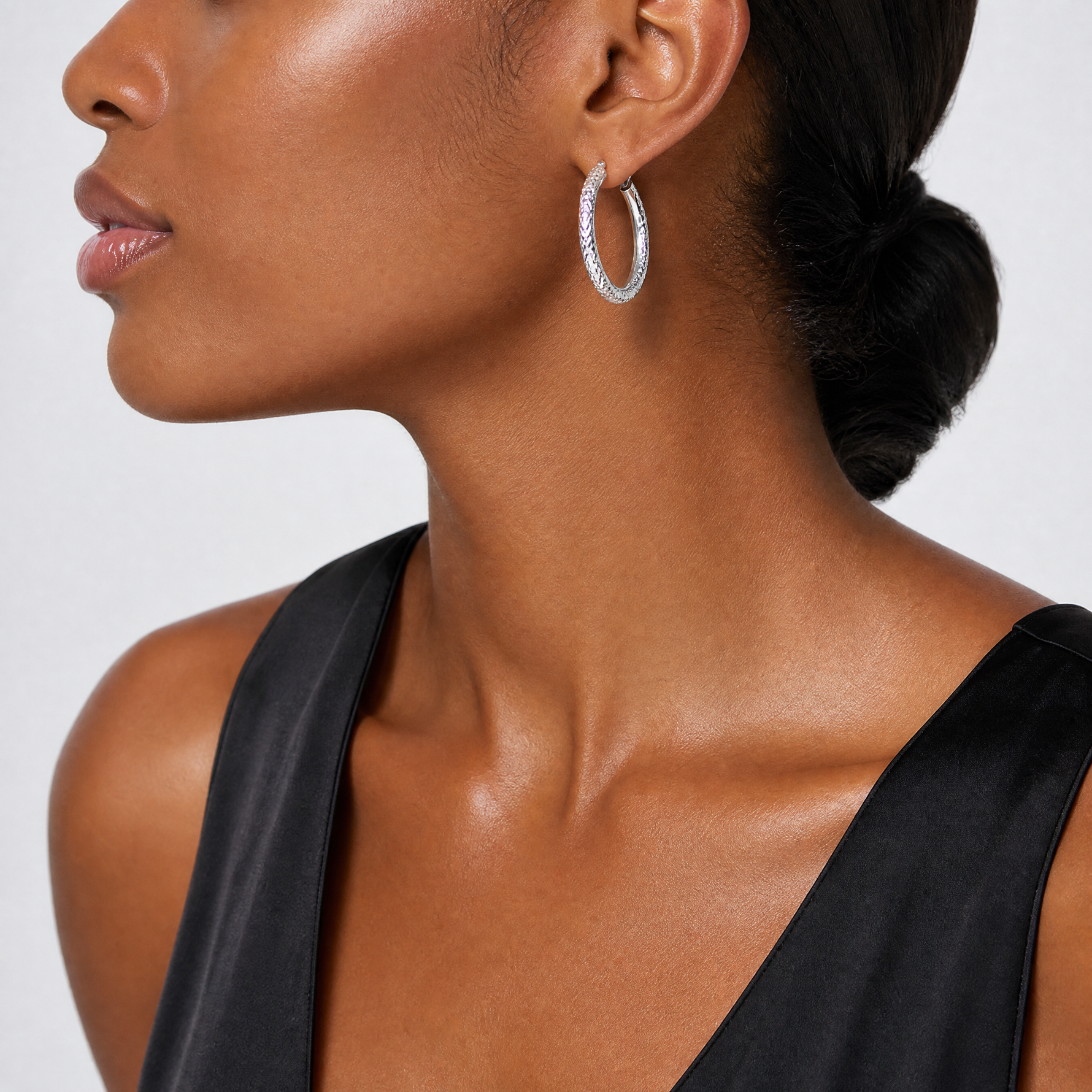 Sterling Silver Rhodium-plated Diamond Cut 4.75mm Hoop Earrings - Model Shot