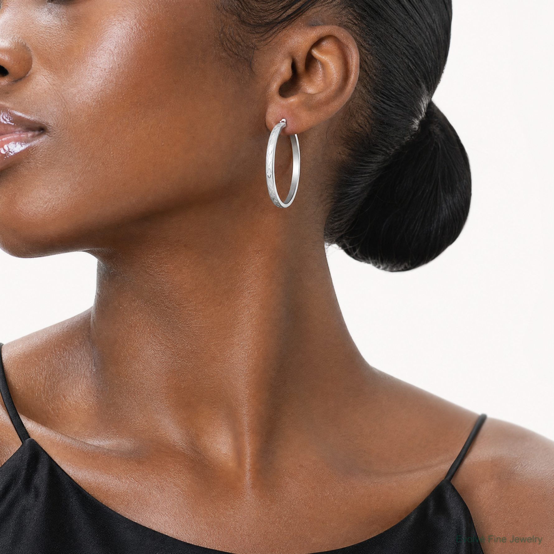 Sterling Silver Rhodium-plated 3mm Satin Diamond-cut Hoop Earrings - Model Shot