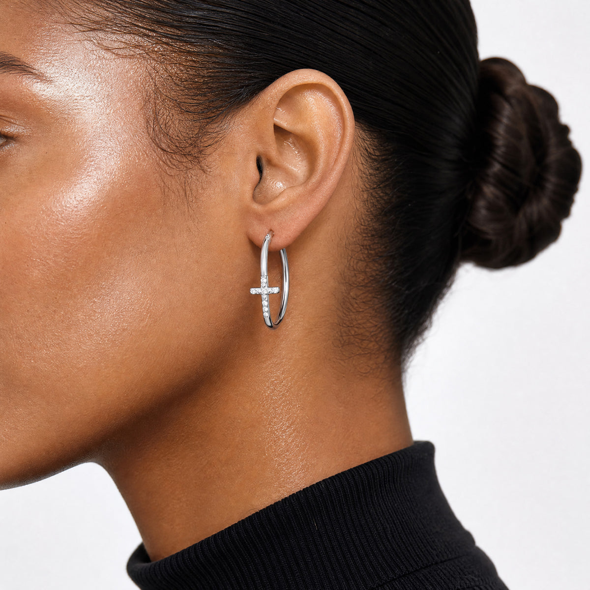 Sterling Silver Polished CZ Cross 2.5mm Round Hoop Earrings - Model Shot
