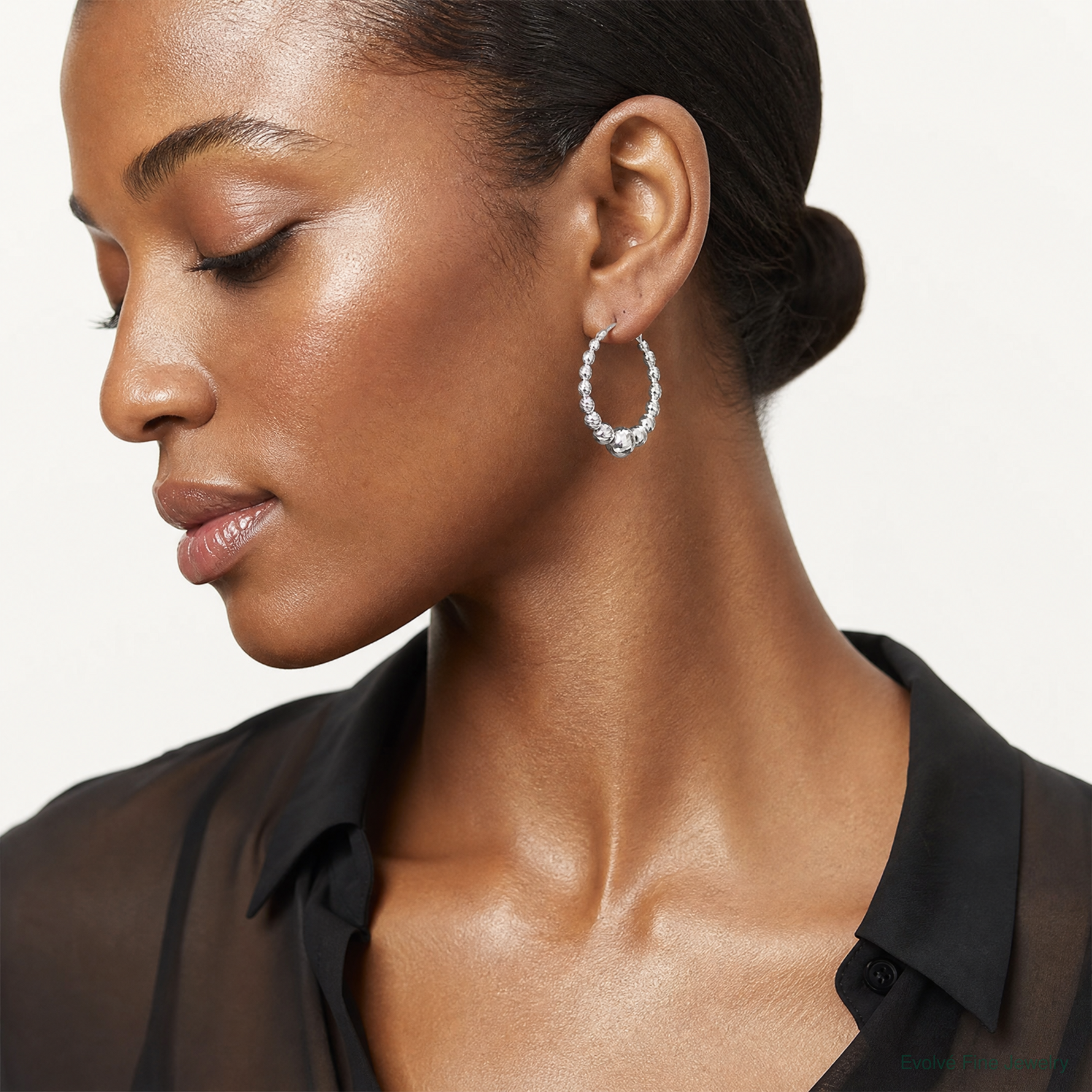 Sterling Silver Rhodium-plated Diamond-cut Beaded Hoop Earrings - Model Shot