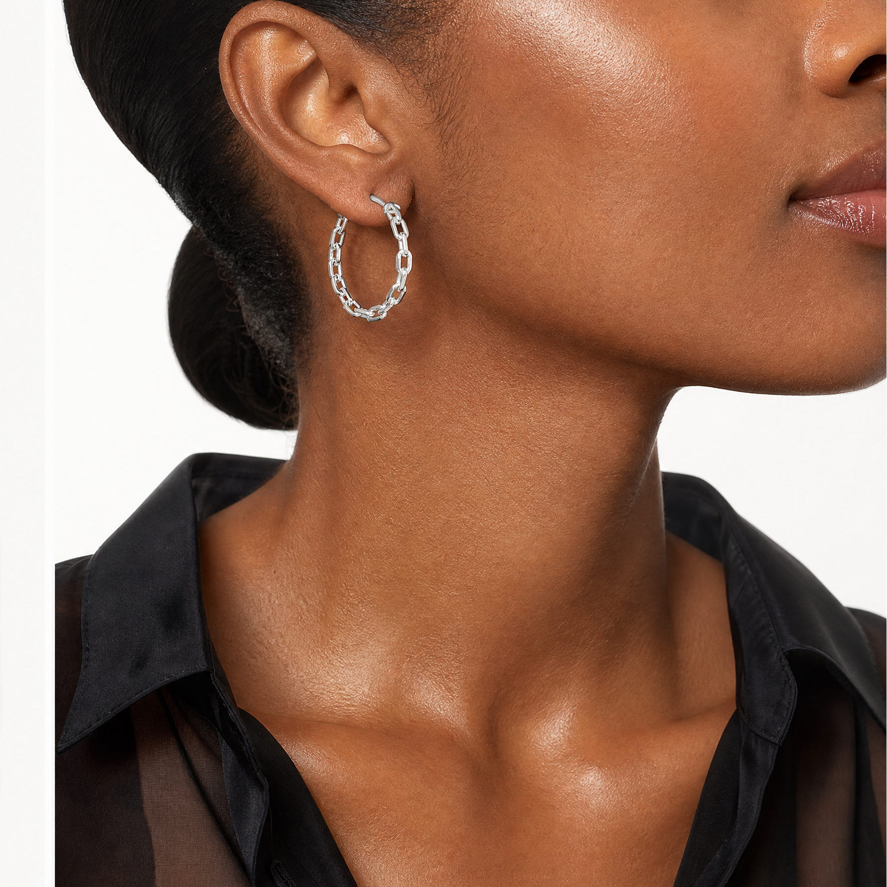 Sterling Silver Polished Cable Chain 3x30mm Hoop Earrings - Model Shot