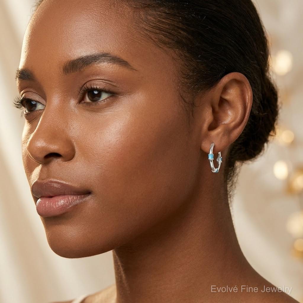 Sterling Silver Polished Light Blue Enamel Endless Hoop Earrings - Model Shot