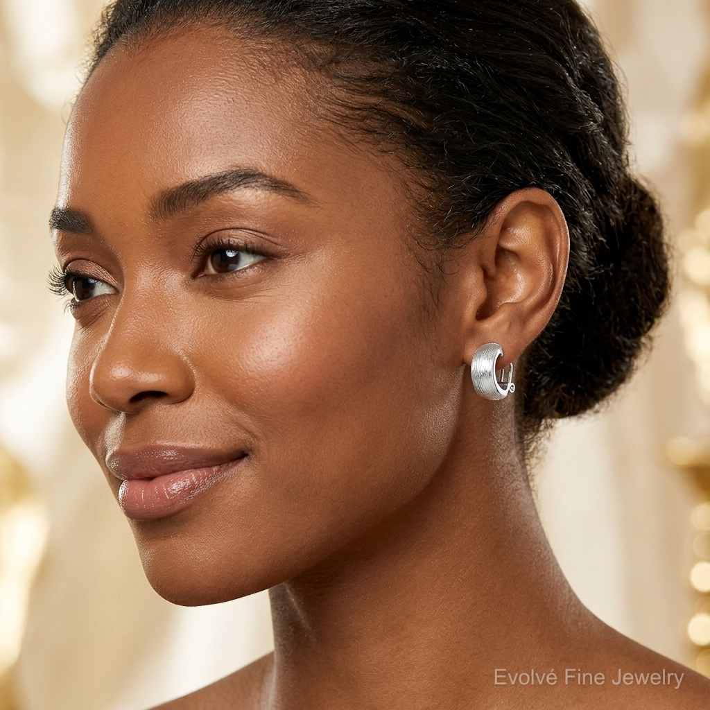 Sterling Silver Rhodium-plated D/C Non-Pierced J-Hoop Earrings - Model Shot