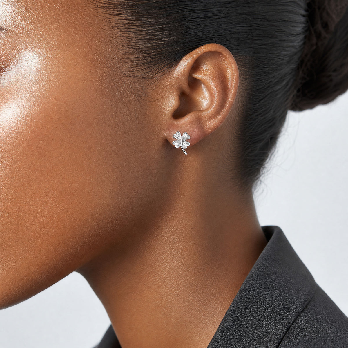 Sterling Silver Rhodium-plated Polished CZ 4 Leaf Clover Post Earrings - Model Shot
