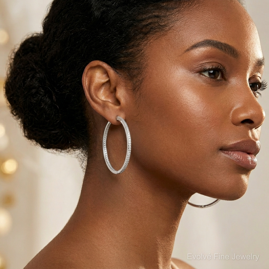 Sterling Silver Rhodium-plated Diamond In & Out Hoop Earrings - Model Shot