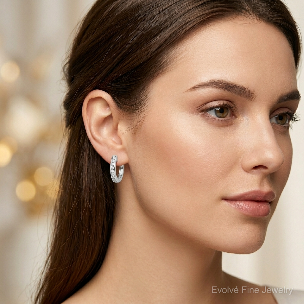 Sterling Silver Rhodium-plated In/Out PavÃ© Hinged Hoop Earrings - Model Shot