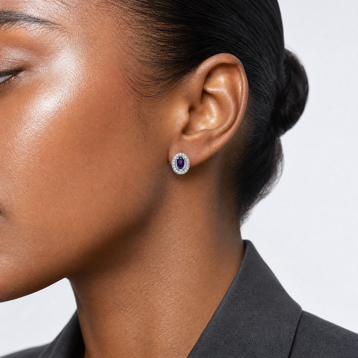 Sterling Silver Rhod-plated w/ Purple and White CZ Oval Stud Earrings - Model Shot