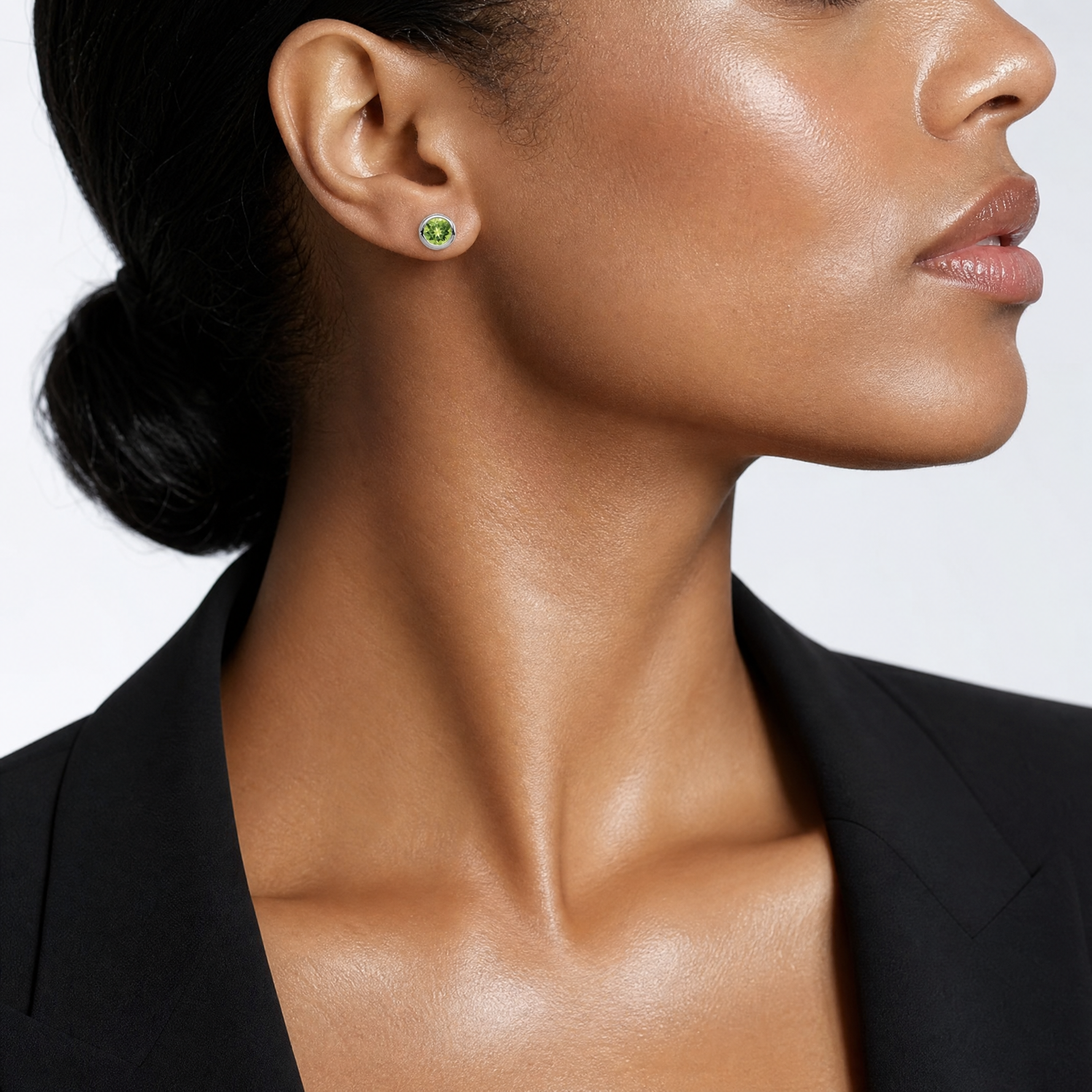Sterling Silver Rhodium-plated Polished Peridot Round Post Earrings - Model Shot