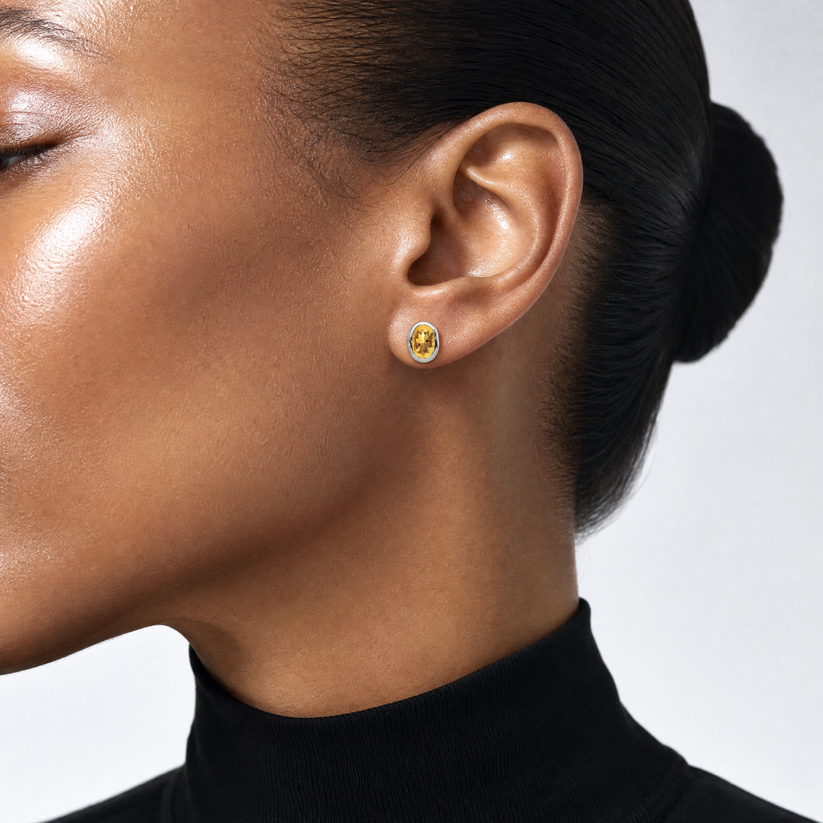 Sterling Silver Rhodium-plated Polished Citrine Oval Post Earrings - Model Shot