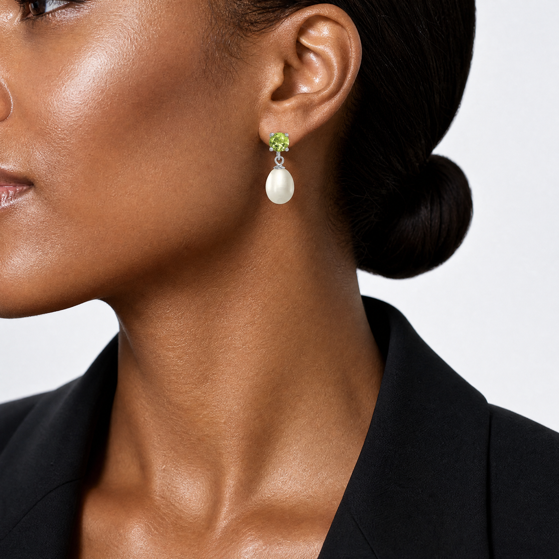 Sterling Silver RH Peridot 7-8mm FW Cultured Pearl Teardrop Earrings - Model Shot