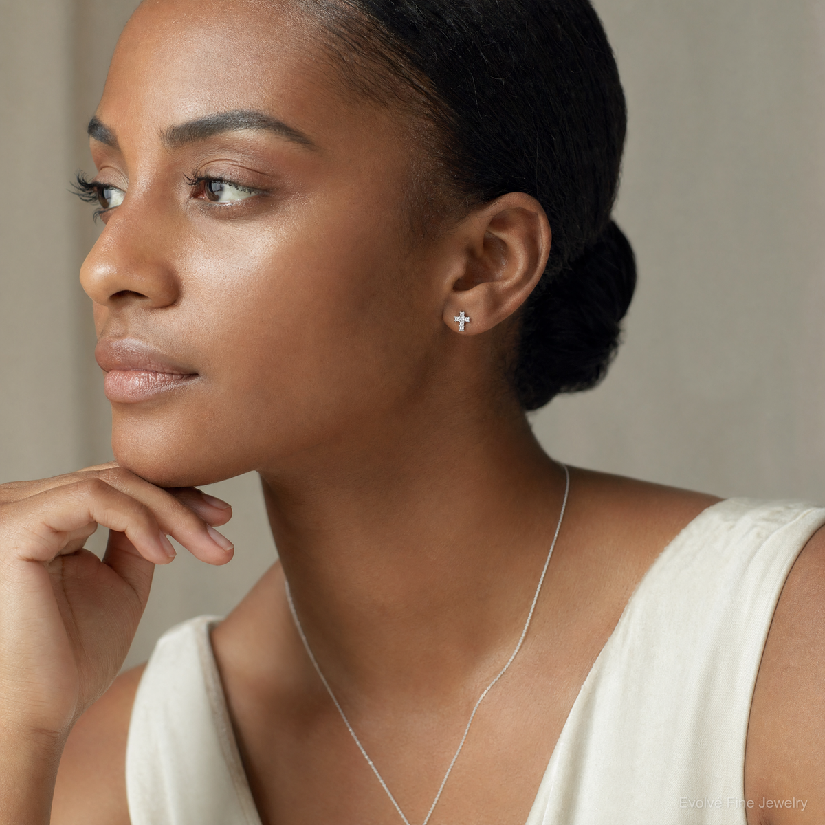 Sterling Silver Rhodium-plated Polished CZ Cross Post Earrings - Model Shot