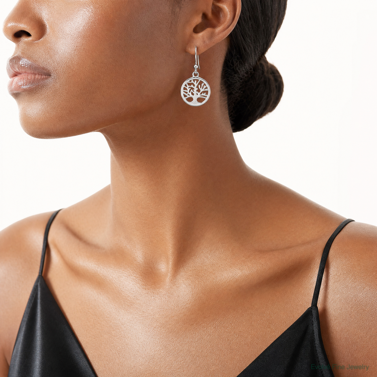 Sterling Silver Polished Round Tree Shepherd Hook Earrings - Model Shot