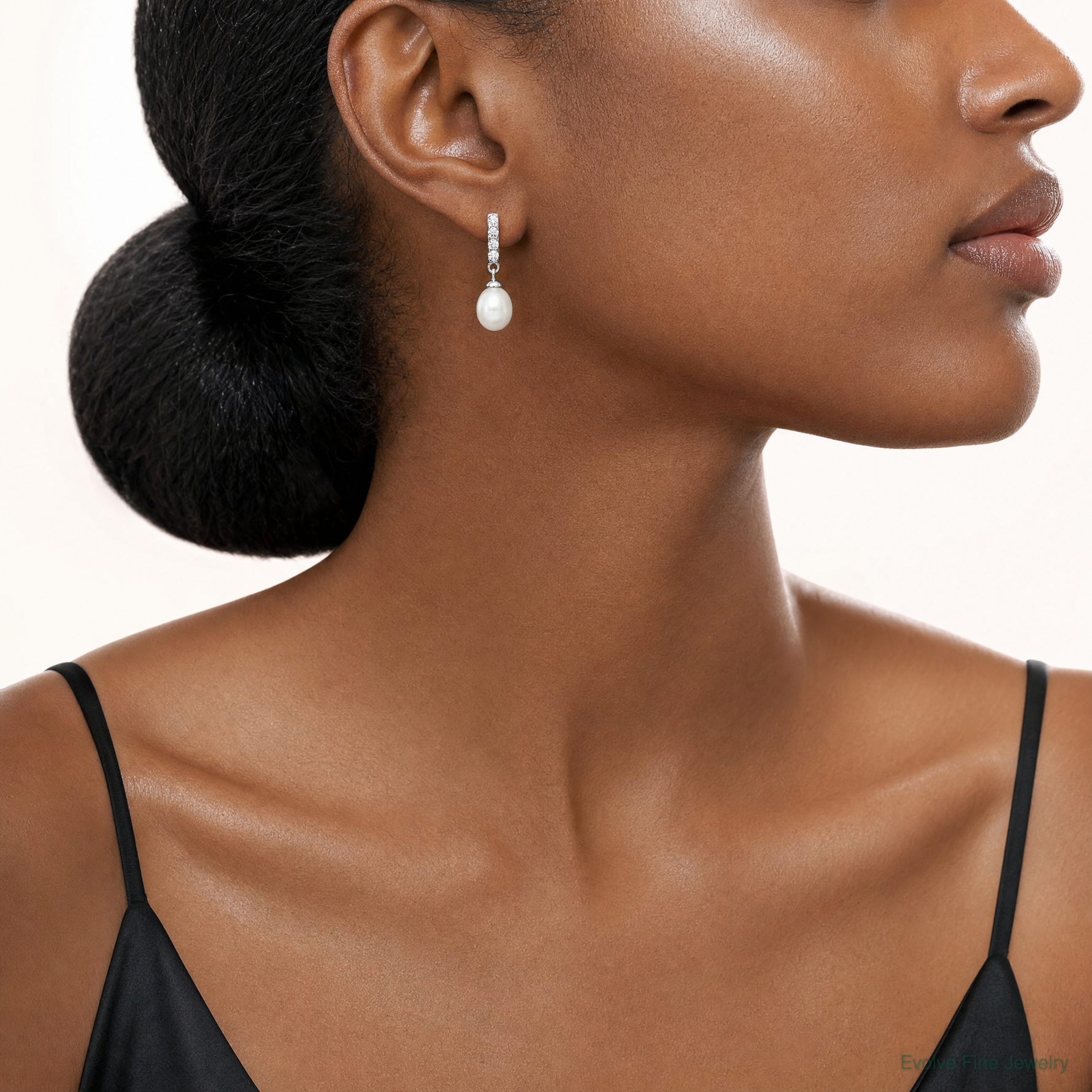 Sterling Silver Rhodium-plated 8-9mm White FWC Pearl CZ Post Earrings - Model Shot