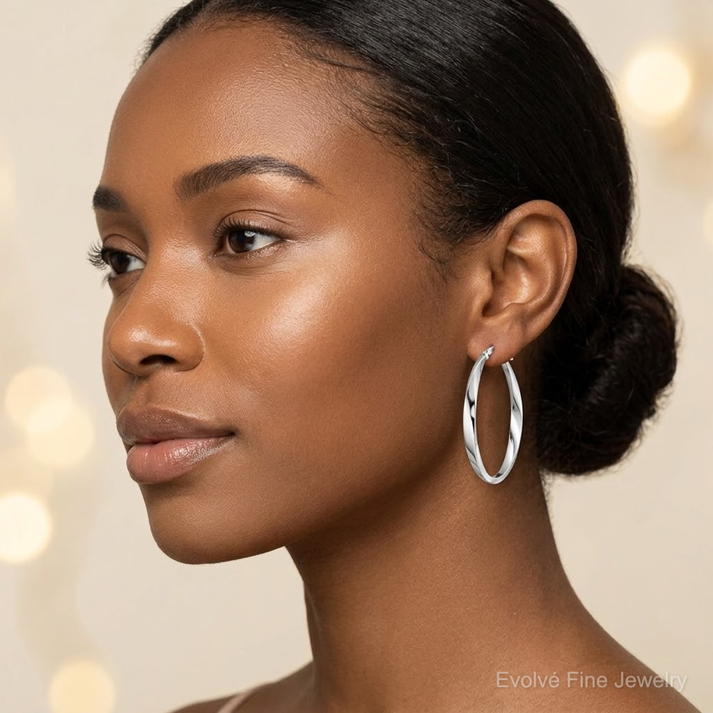 Sterling Silver Rhodium-plated Polished & Twisted Oval Hoop Earrings - Model Shot