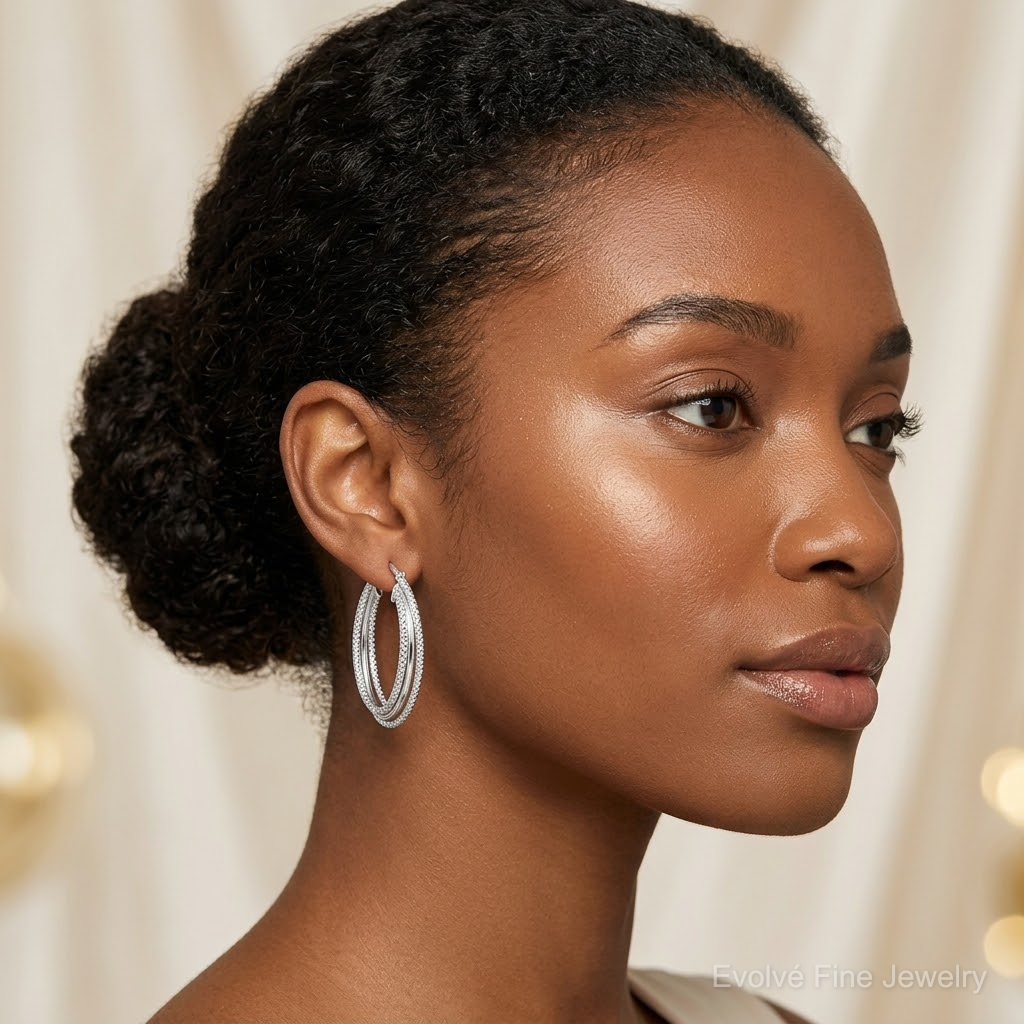 Sterling Silver Rhodium-plated Polished and Textured Triple Hoops - Model Shot