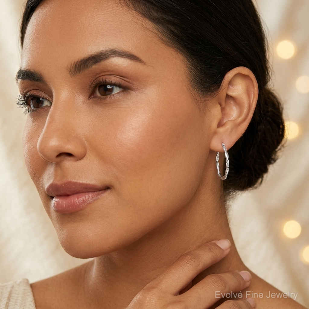 Sterling Silver Polished Braided Hoop Earrings - Model Shot