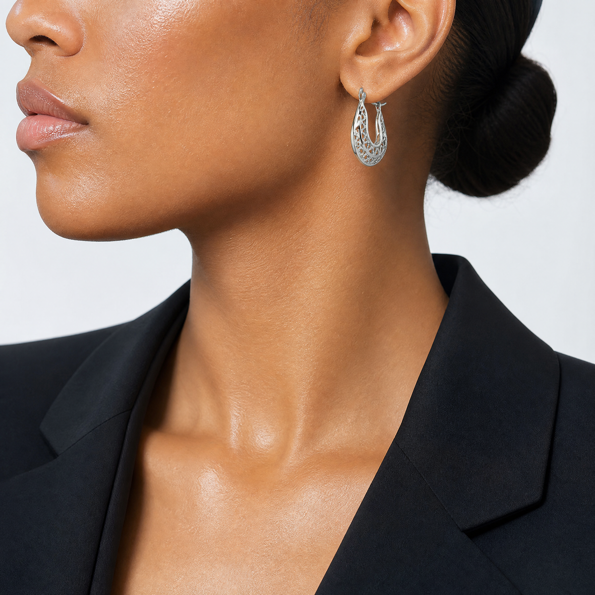 Sterling Silver Rhodium-plated Polished & Filigree Hoop Earrings - Model Shot