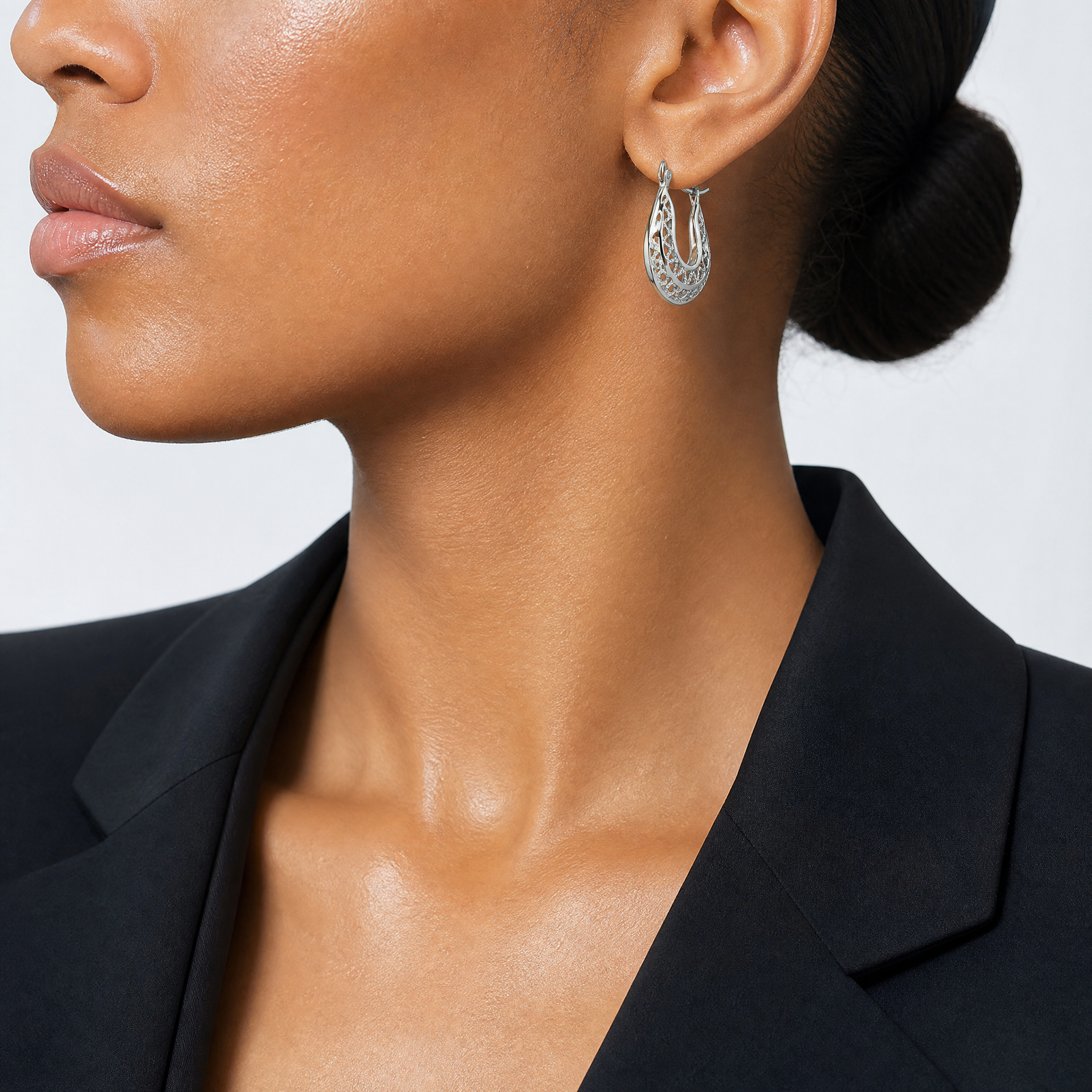 Sterling Silver Rhodium-plated Polished & Filigree Hoop Earrings - Model Shot