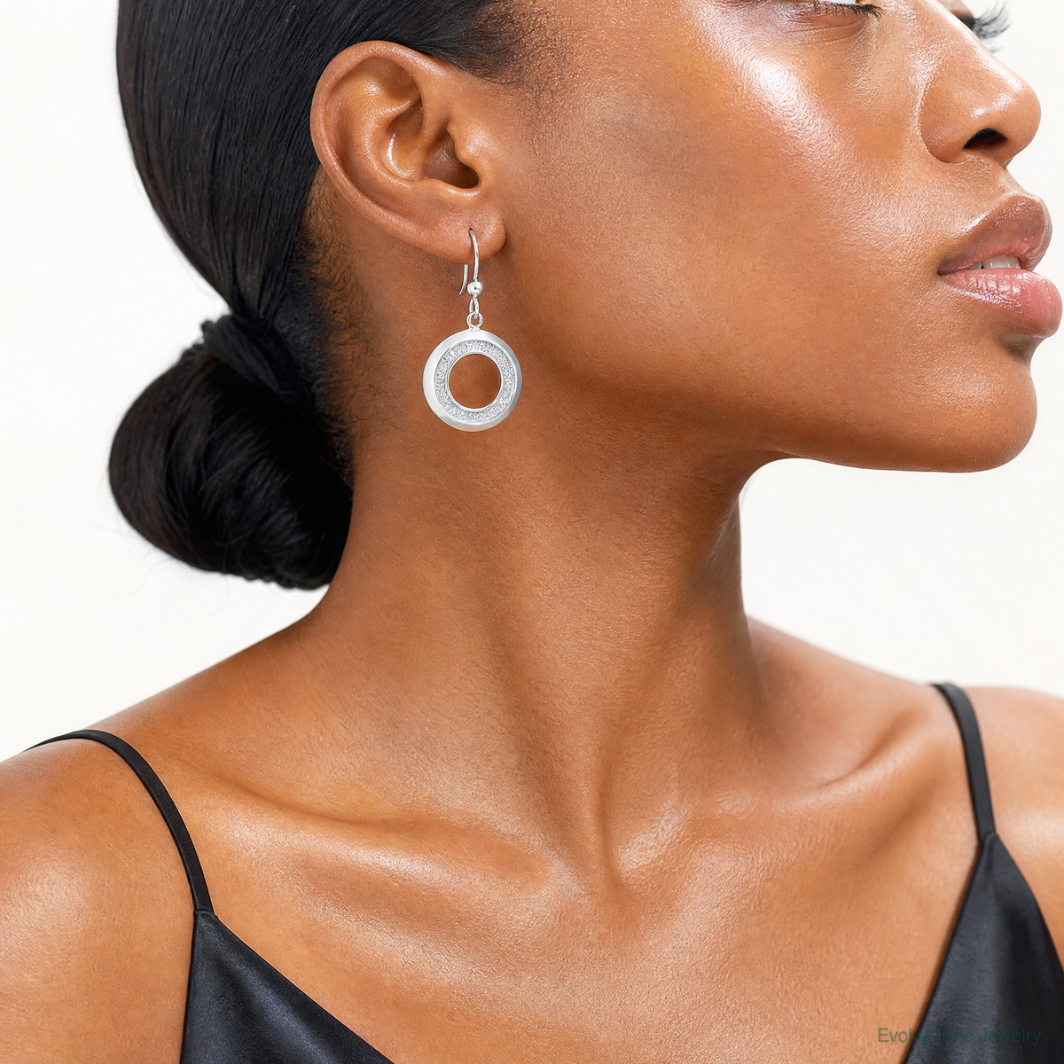 Sterling Silver RH-plated Enamel Glitter Fabric Circle Dangle Earrings - Model Shot